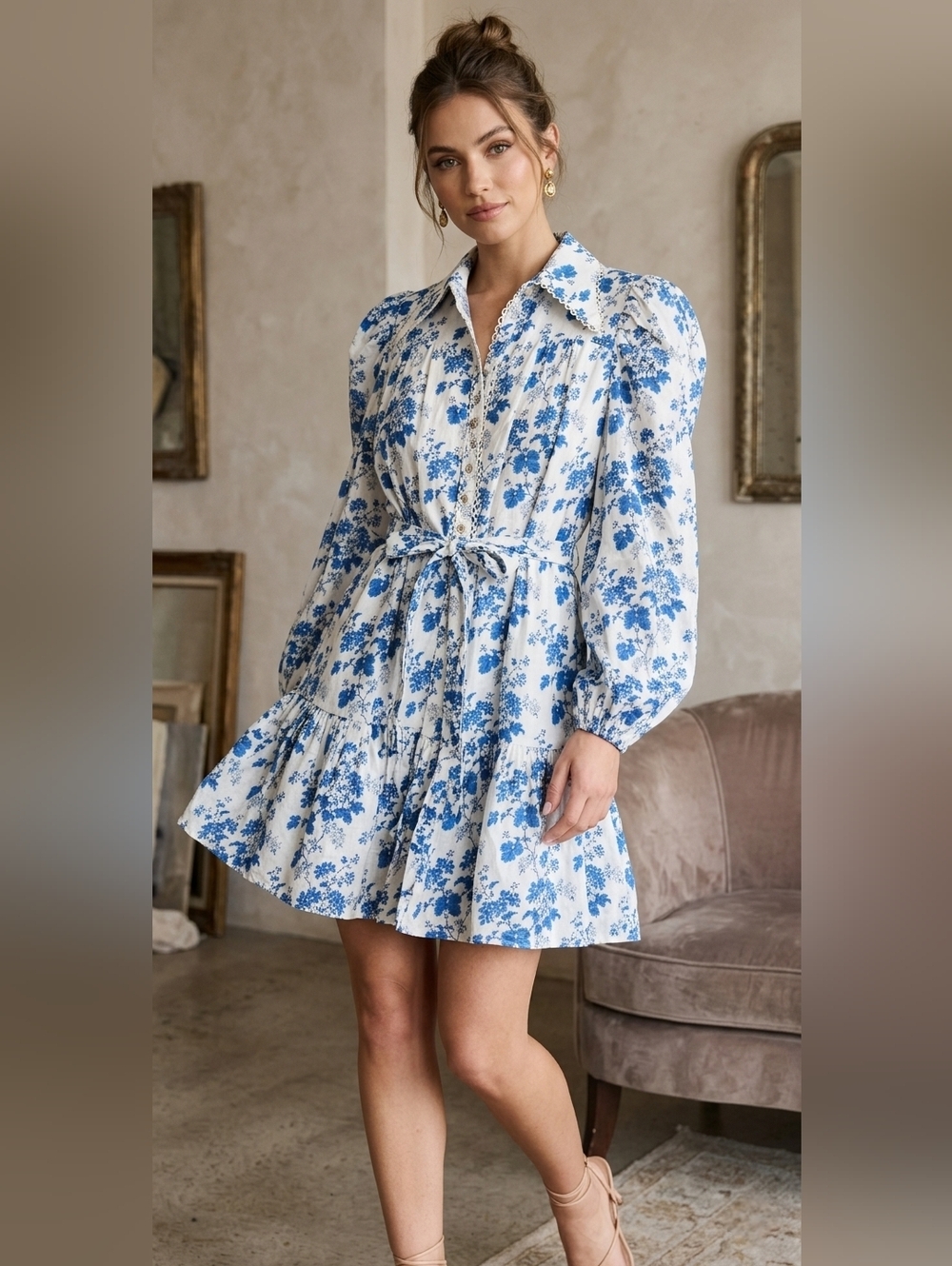 Keepsake the Label Blue Floral Long Sleeve Mini Dress